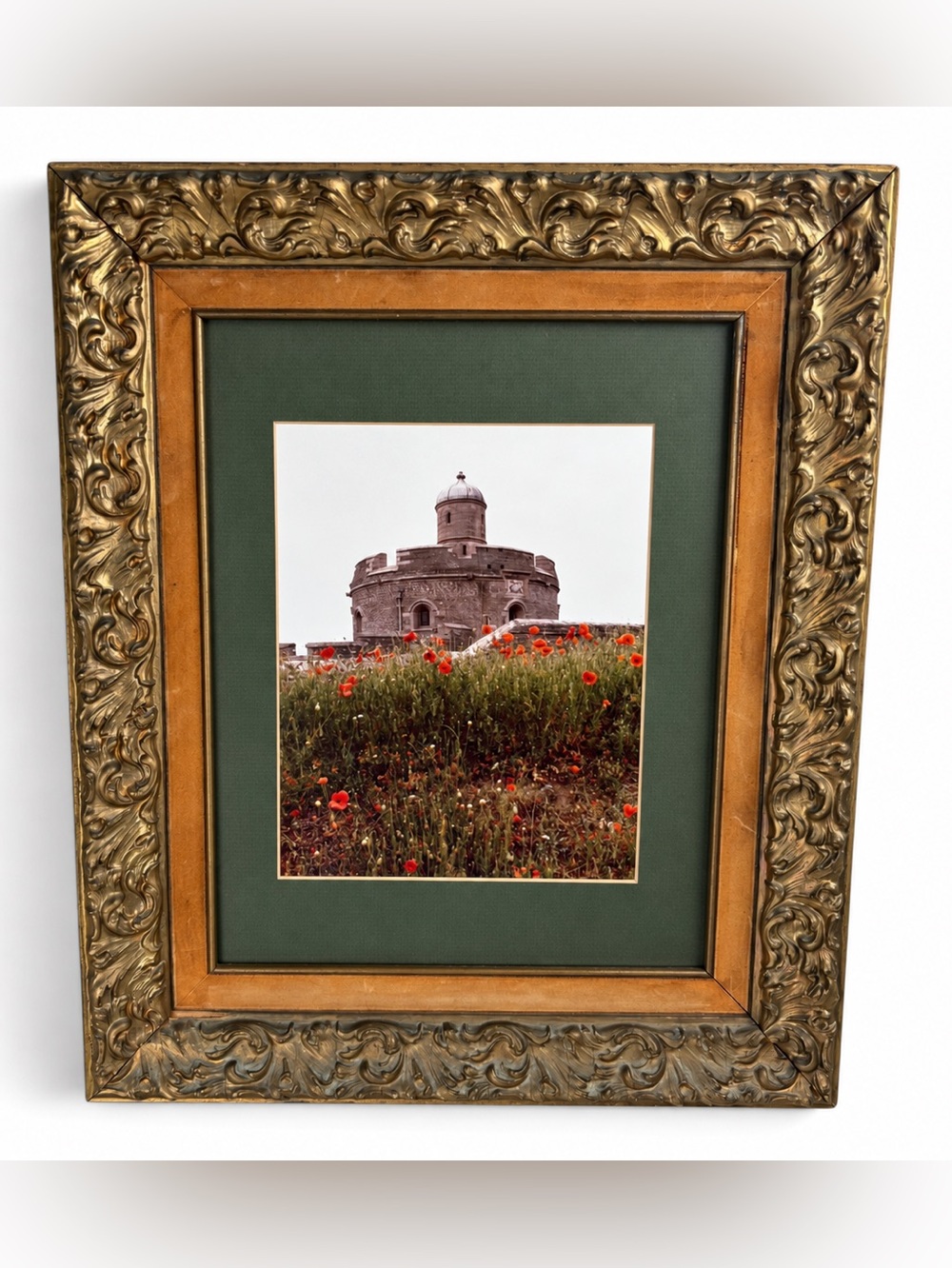Ornate Gold Wood Framed & Matted Photo St Mawes Castle Poppies Cornwall England